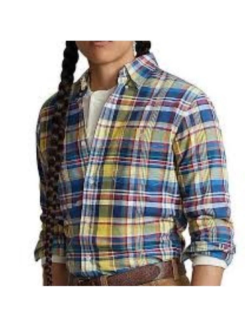 Rockies Cotton Shirt Button-Down Yellow/Blue Plaid Long Sleeve Rounded Hem Top - Picture 2 of 12